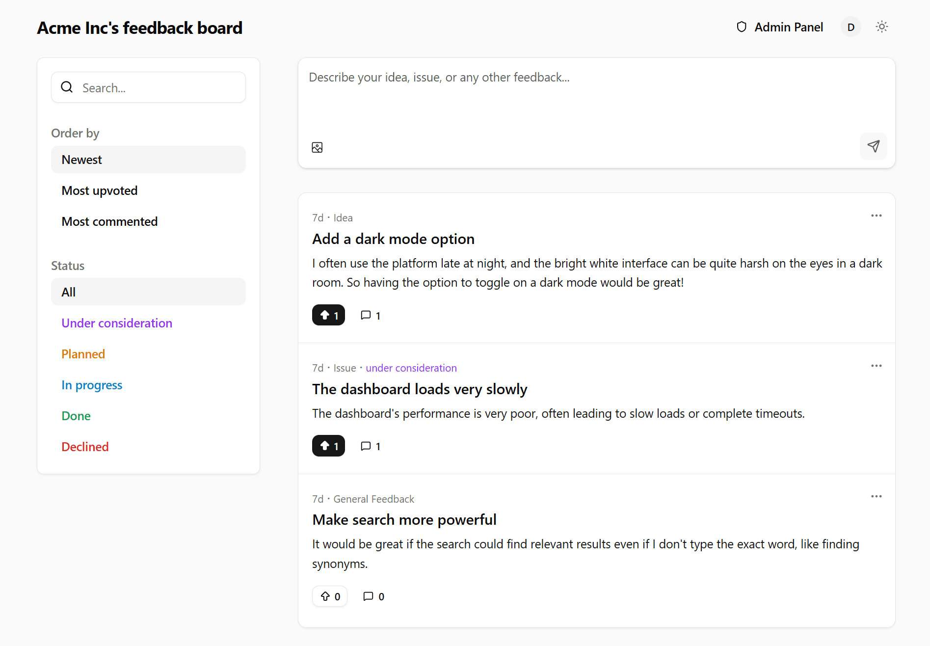 Feedbackland feedback board showing user feedback posts with voting, status labels, and filtering