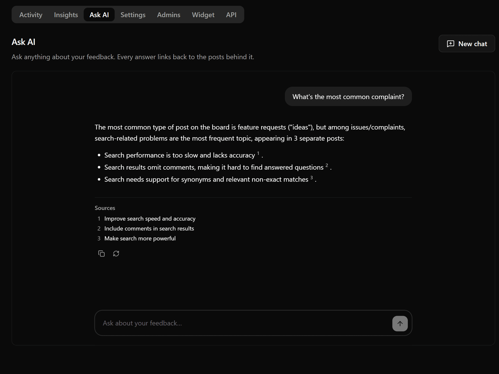 Feedbackland Ask AI answering “What's the most common complaint?” with a summary and numbered source links to the posts behind it
