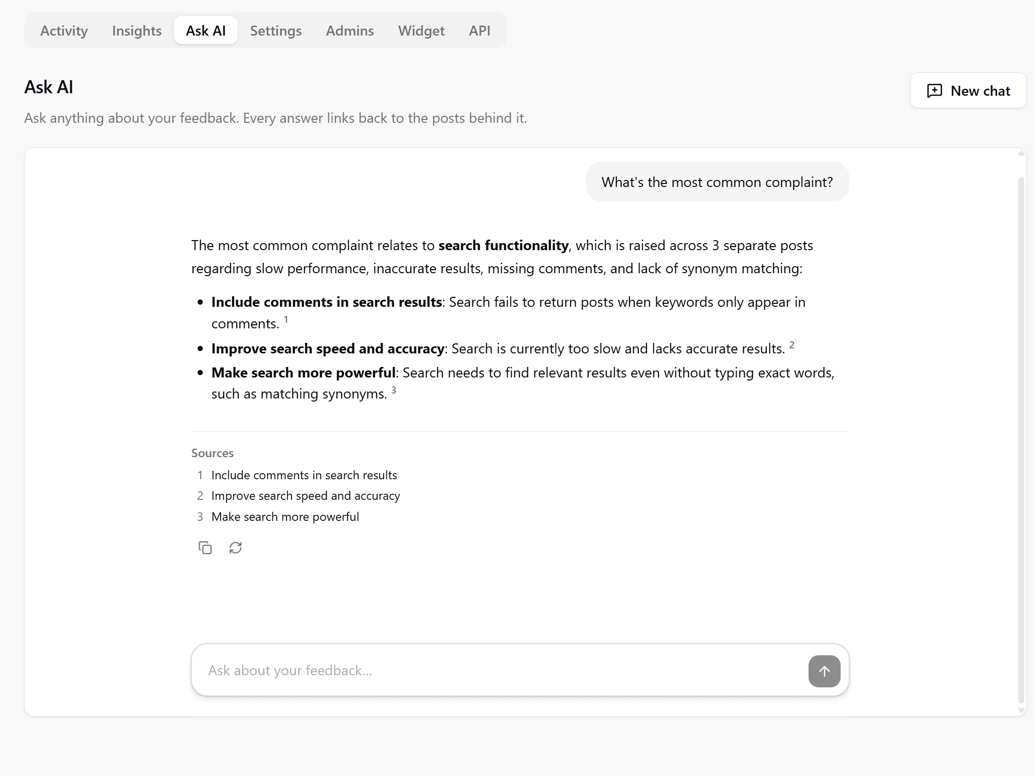 Feedbackland Ask AI answering “What's the most common complaint?” with a summary and numbered source links to the posts behind it