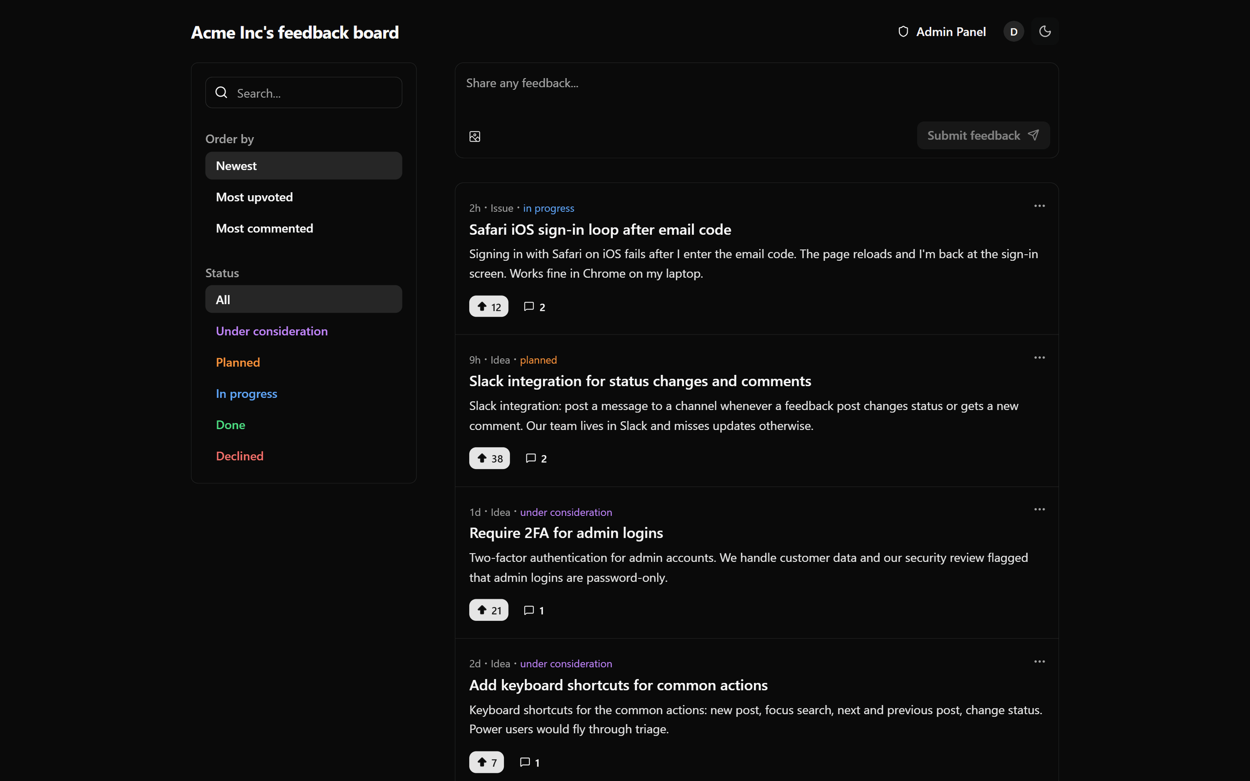 A Feedbackland public feedback board with posts, upvote counts, comments, and status labels such as in progress and planned
