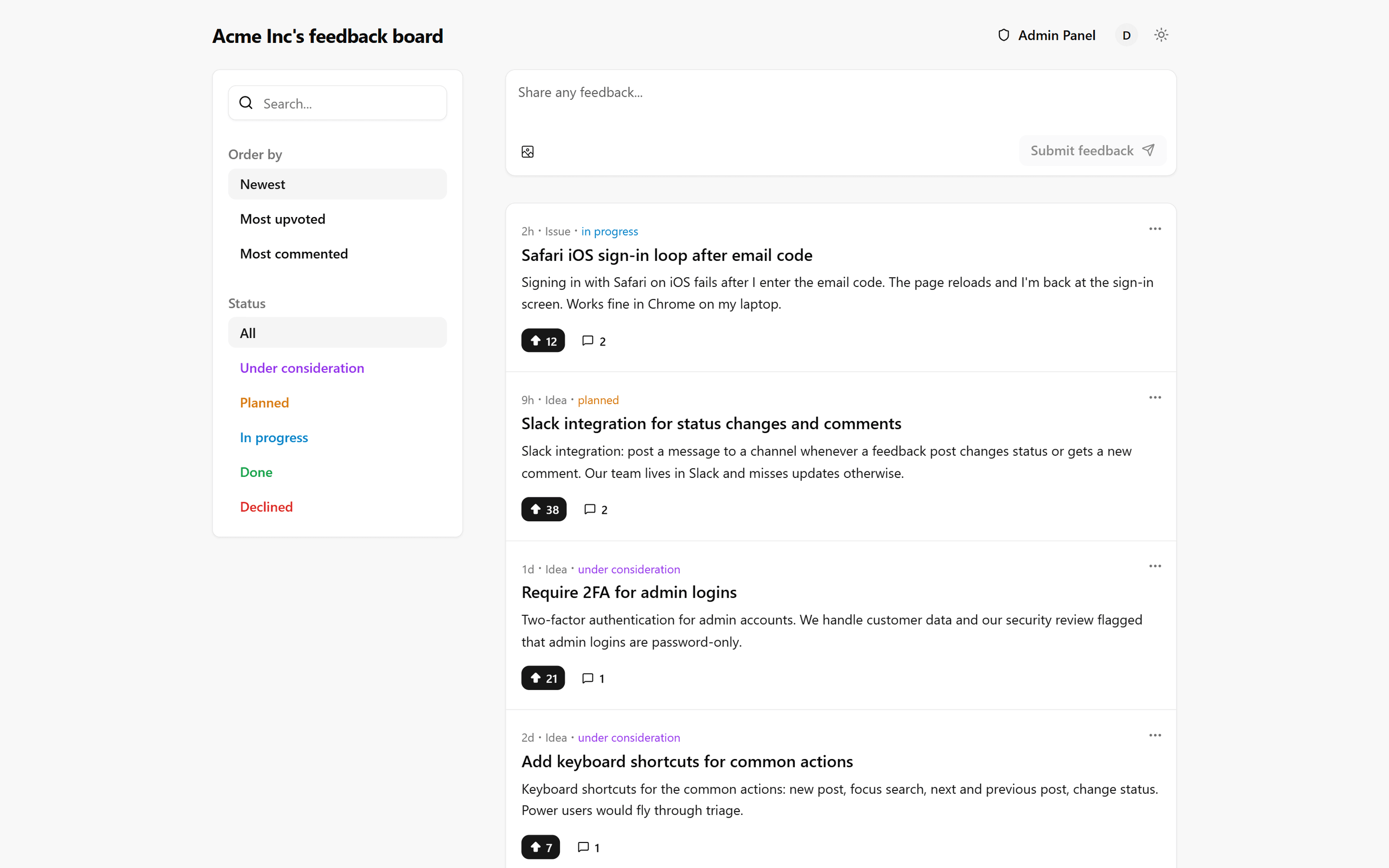 A Feedbackland public feedback board with posts, upvote counts, comments, and status labels such as in progress and planned