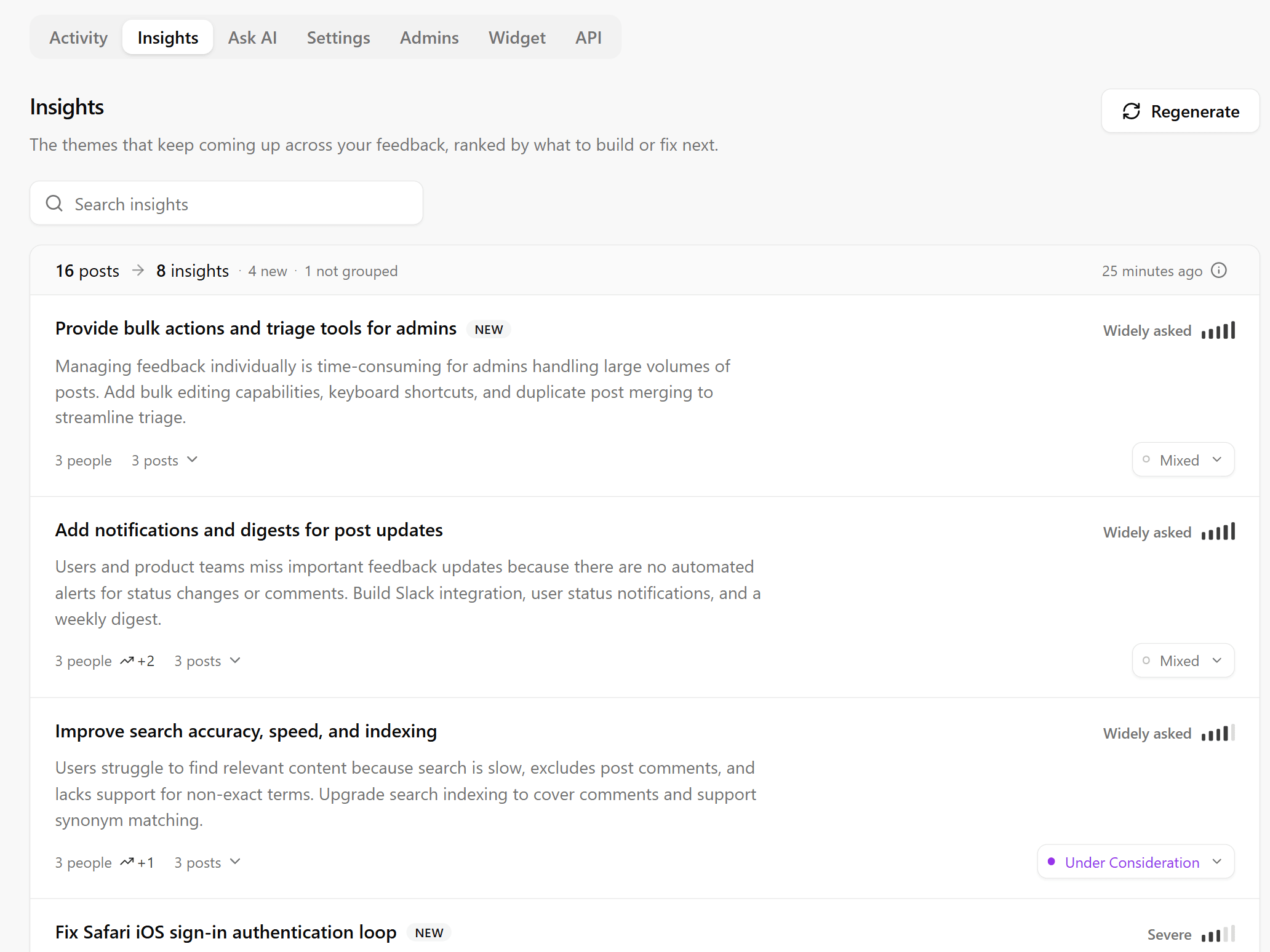Feedbackland Insights: 16 posts clustered into 8 ranked themes, labelled Widely asked or Severe, each with a status control