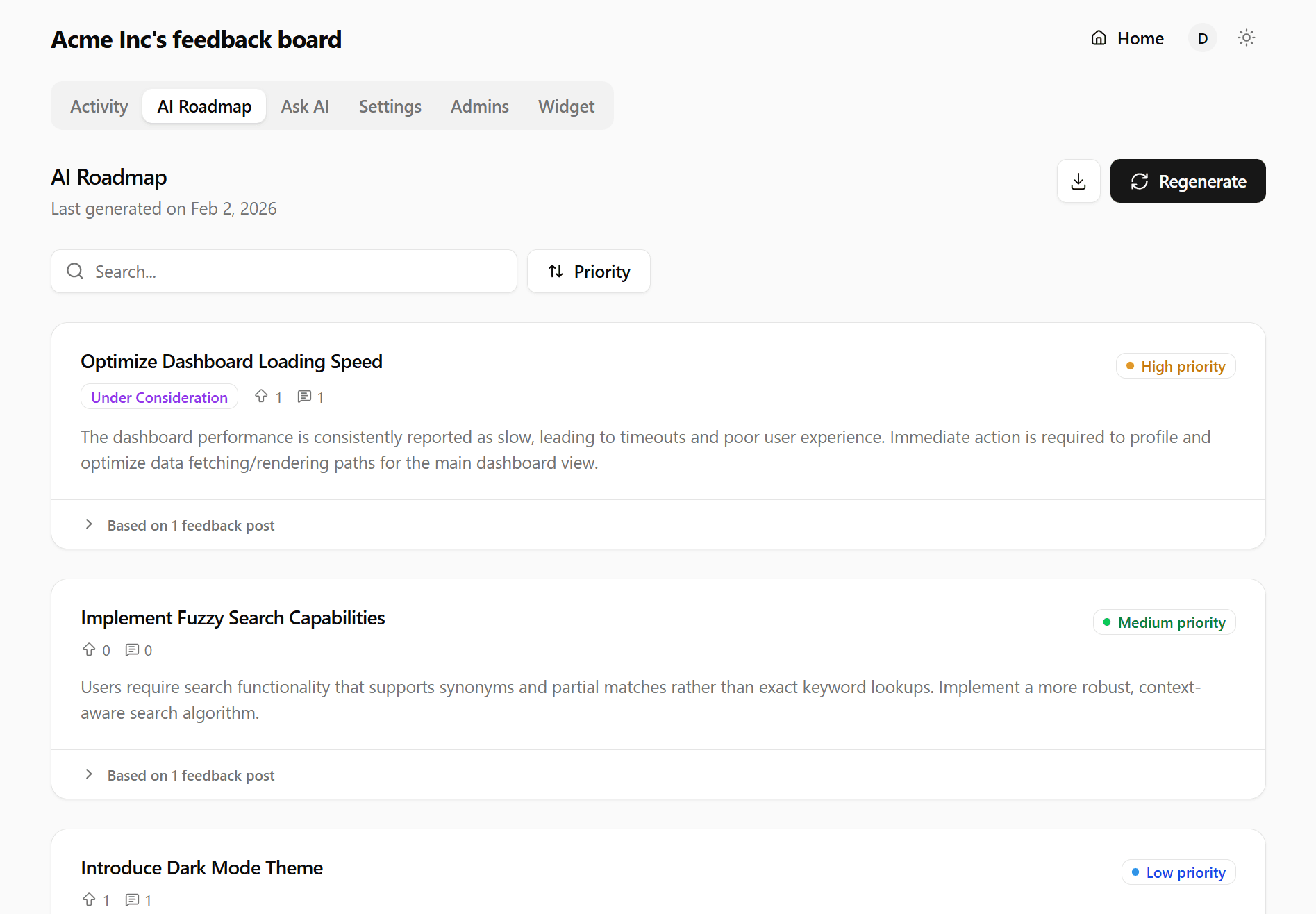 Feedbackland AI-generated product roadmap clustering duplicate user feedback into ranked themes