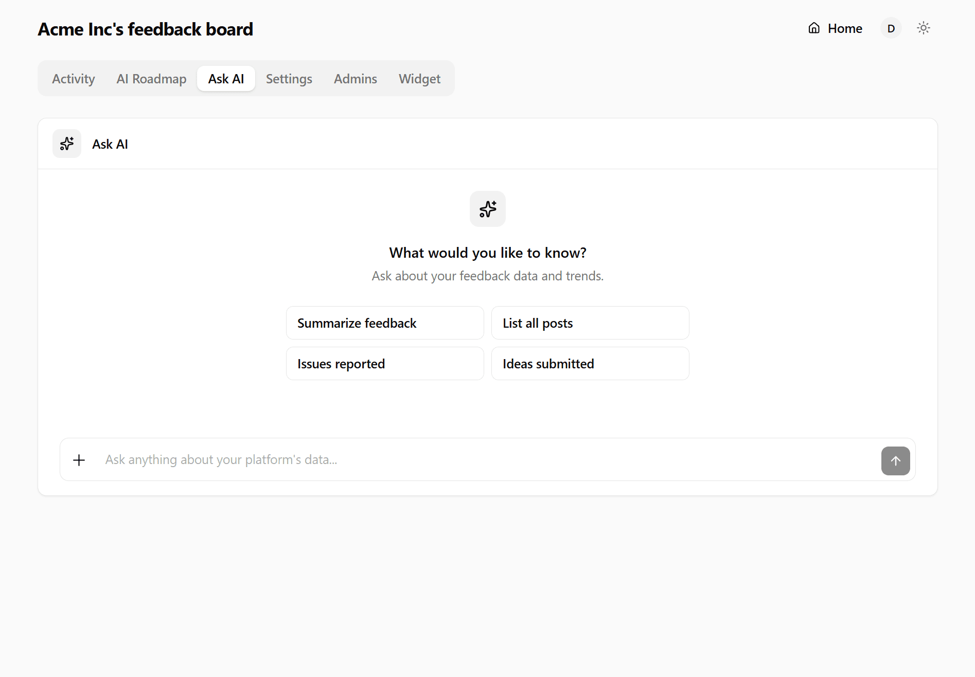 Feedbackland Ask AI interface answering plain-English questions about user feedback trends